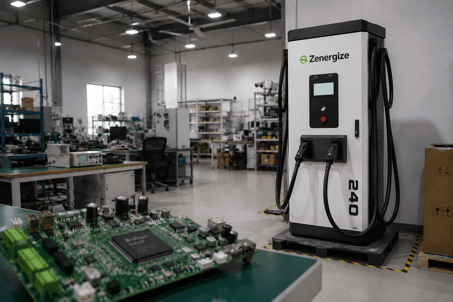 In-house PCB assembly and finished 240kW DC charger on the Parwanoo factory floor
